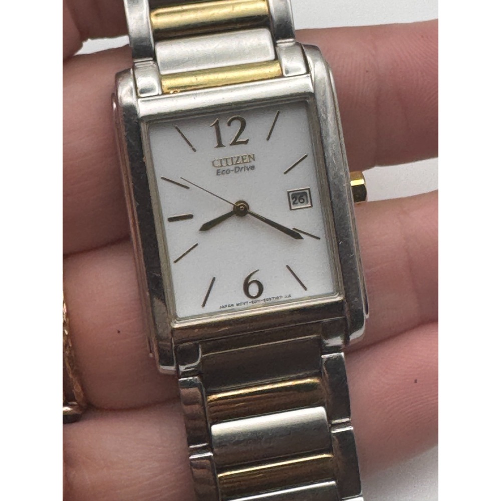 Citizen Eco-Drive Mens Watch  Rectangular Two Tone White Dial Date Working READ